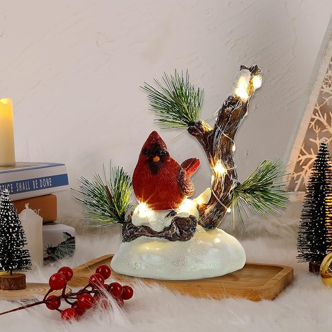 winemana Christmas Tabletop Decorations, LED Lights Cardinal Resin Ornament, Lighted Red Bird on Snowy Pine Tree Holiday Decor for Indoor Home Table Desk Kitchen Room Xmas Party