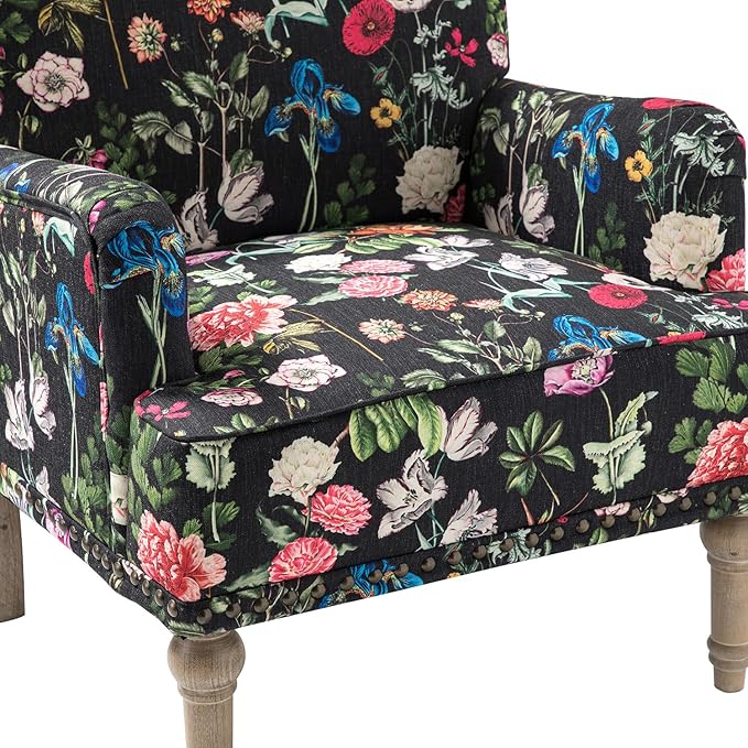 HULALA HOME Modern Armchairs Set of 2 with Wooden Legs & Nailhead Trim, Comfy Upholstered Accent Chairs for Living Room Bedroom (Floral Patterns, Black)