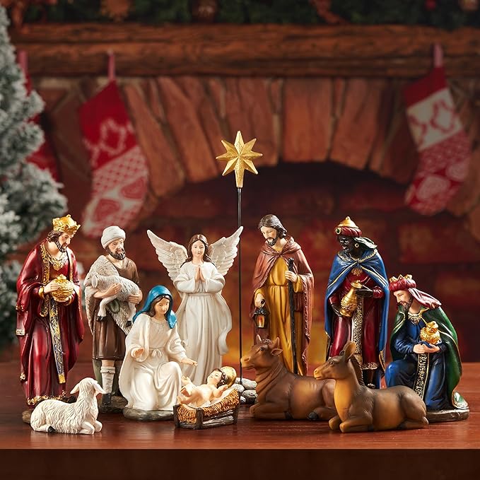 Nativity Sets for Christmas Indoor Set of 13 Pieces 7.9 Inches Tabletop Holidays Decor Nativity Scene Resin Figurines Set Religious Decorations Collection Gifts