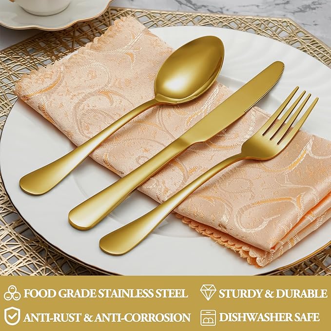 20 Pcs Gold Silverware Set Service for 4, Premium Stainless Steel Flatware Set, Cutlery Utensil Set, Durable Home Kitchen Eating Tableware Set, Include Fork Knife Spoon Set, Dishwasher Safe