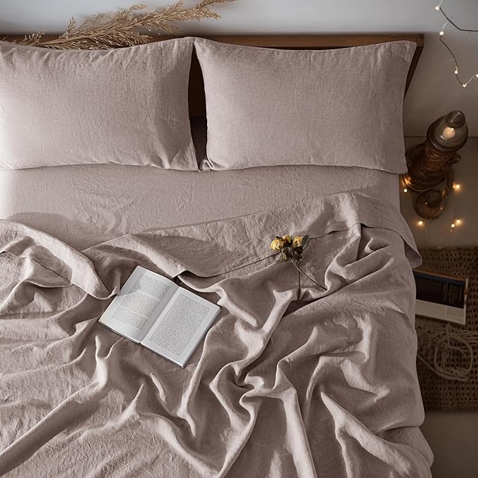 LBRO2M 100% Linen Sheet Set 16" Deep Pocket Full Size,Bed Sheets 4 Piece Sets,Solid Color Natural Flax Bed Sheets Soft Breathable Bedding, All Season (Full, Mauve Desert)