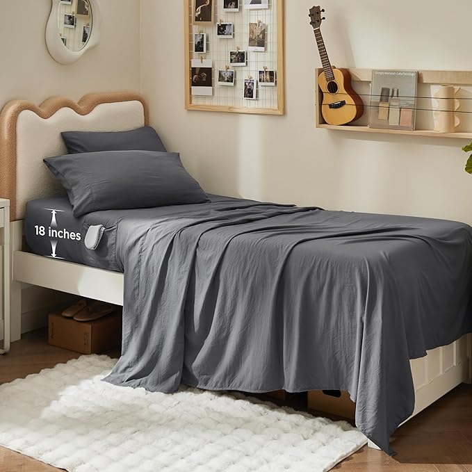 Bedsure Twin XL Sheet Sets - 4 Piece, Prewashed Ultra-Soft Extra Long Twin Sheets, Fits Mattresses Up to 18 Inches Thick, Breathable & Secure Fit, Luxury Dorm Bedding, Grey