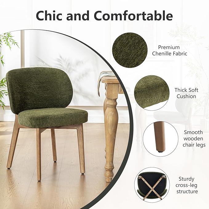 YOUNIKE Dining Chair with High Back Single Mid Century Modern Kitchen Chair Boucle Fabric Upholstered Armless Accent Chair 20" Wide Padded Seat with Wooden Legs for Living Room Bedroom Green