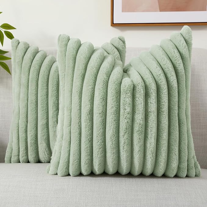 decorUhome Faux Fur Christmas Throw Pillow Covers 22x22 Set of 2, Decorative Soft Plush Striped Neutral Couch Euro Pillow Covers with Velvet Back for Sofa, Bed, Living Room Home Decor, Sage Green