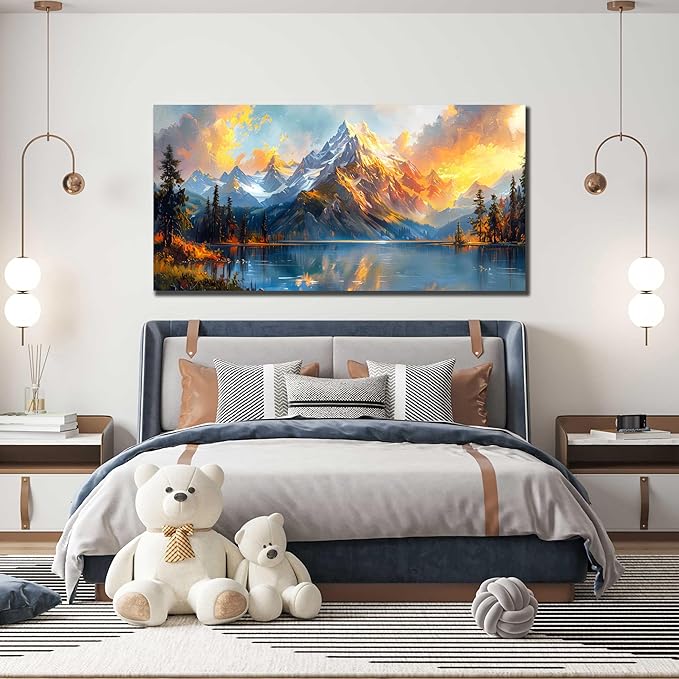 Large Canvas Wall Art for Living Room Natural Dusk Landscape Mountain Lake Picture Framed Canvas Prints Modern Wall Art for Bedroom Office Size 29x59