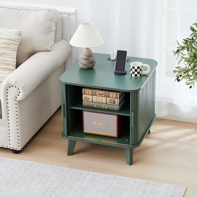 AVZEAR 24" Large Fluted End Table with Charging Station, Farmhouse Sofa Side Table with Sliding Tambour Door & Storage, Curved Rustic Wood Nightstand for Living Room, Bedroom, Green