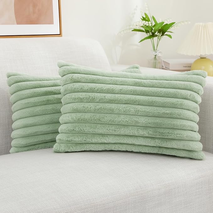 decorUhome Faux Fur Christmas Throw Pillow Covers 12x20 Set of 2, Decorative Soft Plush Striped Neutral Couch Euro Pillow Covers with Velvet Back for Sofa, Bed, Living Room Home Decor, Sage Green