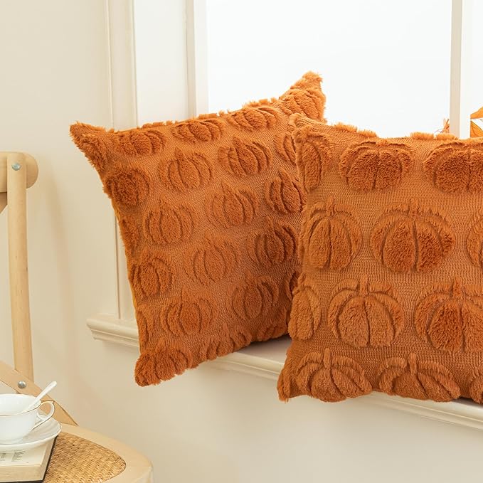 Pumpkin Fall Decorative Throw Pillow Covers 18"x18", Set of 2 Orange Soft Faux Fur Pillow Covers for Autumn Harvest, Fluffy Plush Accent Pillow Cases for Farmhouse Couch Cushion Covers