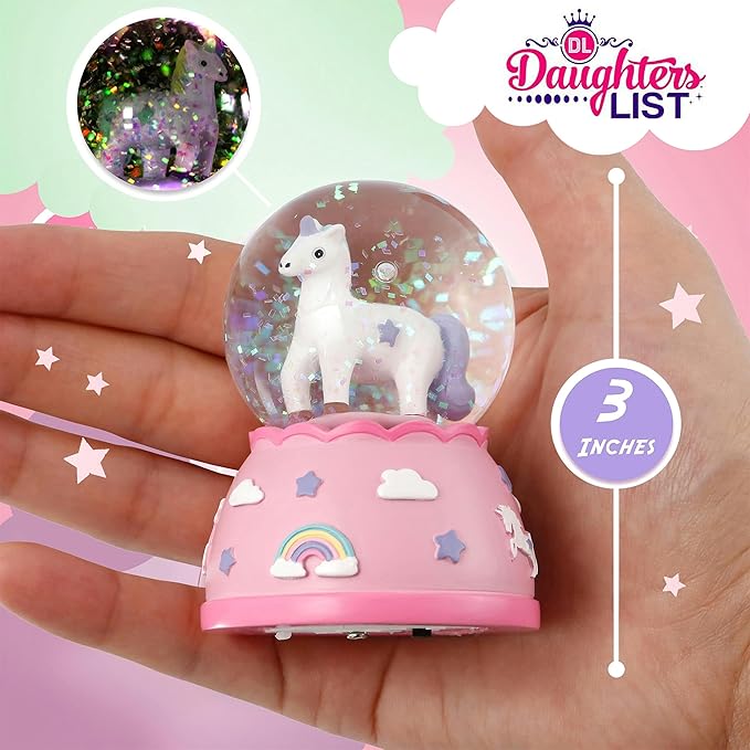 Miniature Shatterproof Unicorn Snow Globe - Handpainted Plastic Globe with Lights, Sparkling Glitter Ornament, Gift Idea for Birthday, Christmas, Very Small for Toddlers
