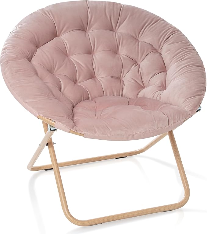 Milliard Cozy Chair/Velour Saucer Accent Chair for Bedroom/X-Large (Pink/Wood-Tone)