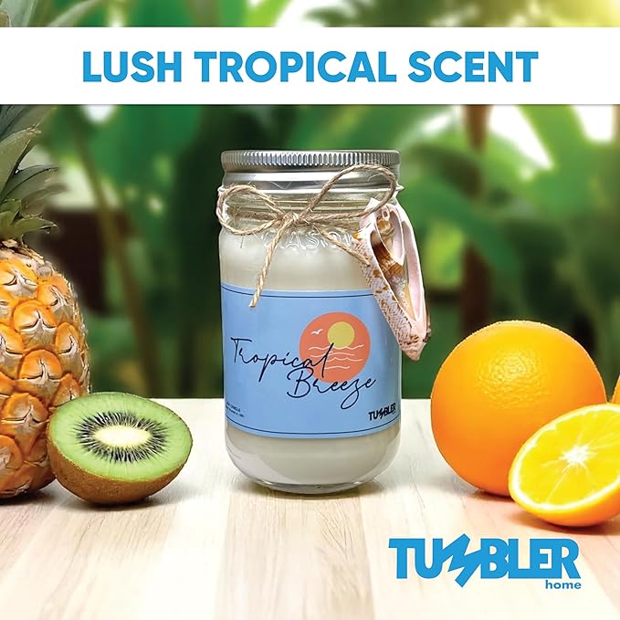 Tumbler Home Beach Candle, Large Scented Summer Candle, 100% Soy Wax, 90 Hour Burn, Mason Jar with Real Shell, Coastal Decor & Beach Themed Gift for Women, Made in USA, Tropical Fruits Fresh Air Scent