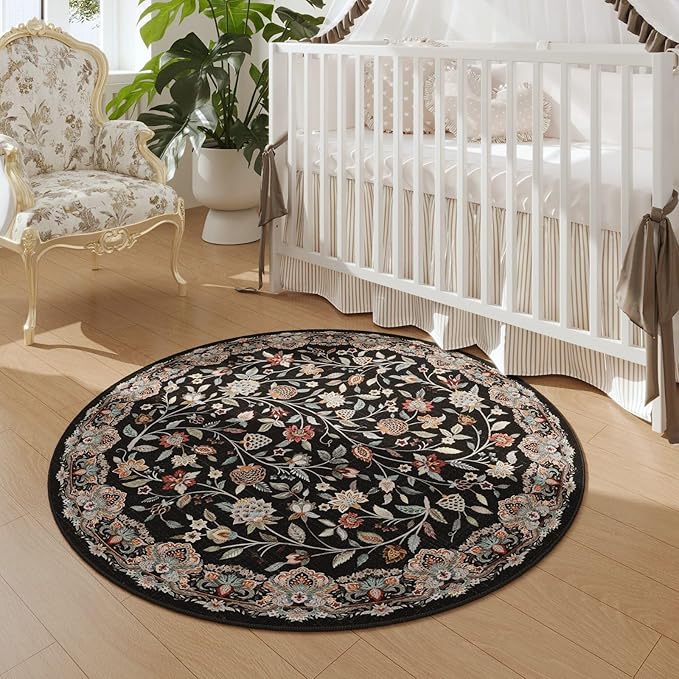 Rugcomf Vintage Paisley Round Rug 4ft - Machine Washable Area Rug, Non-Slip Low Pile Floral Carpet for Entryway, Living Room, Bedroom, Dining Room, Kids, Bathroom, Office - Black
