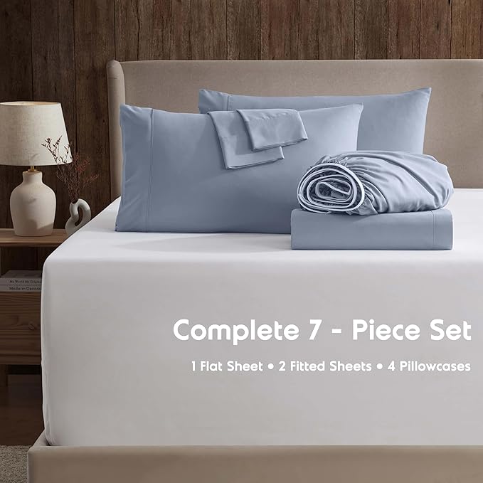 Nestl Extra Deep Split King Sheet Set - 7 Piece Breathable & Cooling Sheets - Hotel Luxury Bedding Set w/18-24 Inch Deep Pockets - Easy & Secure Fit - Super Soft, Wrinkle Free & Comfy - Stone Blue