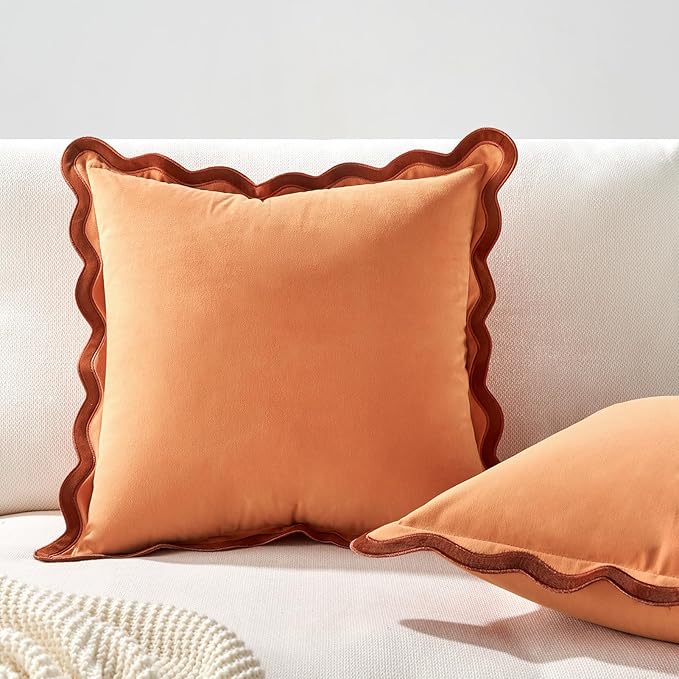 MONDAY MOOSE Decorative Throw Pillow Covers Cushion Cases, Set of 2 Soft Velvet Scalloped Wavy Edge Designs, Mix and Match for Home Decor, Pillow Inserts Not Included (Rust/Coral, 18x18 inch)