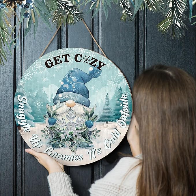 3 Pcs Winter Welcome Sign for Front Door Decor Winter Farmhouse Cardinal Bird Gnome Wooden Door Hanger for Outdoor Outside Porch Round Hanging Signs for Home Indoor Outdoor Decorations