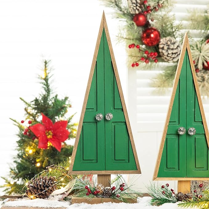 Glitzhome Tabletop Wooden Christmas Tree Set of 2 with Pinecones and Berries for Xmas Holiday Home Decorations, 19" H, Green