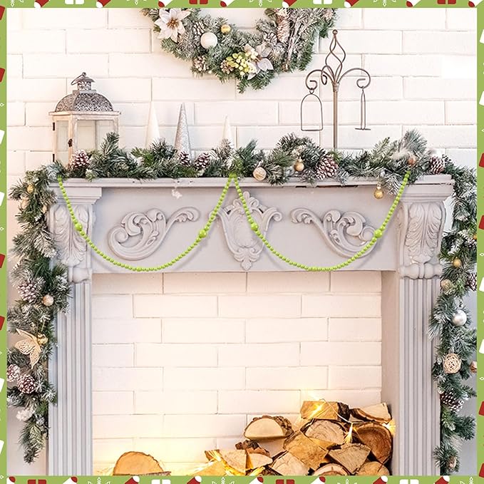 12 Feet Christmas Wooden Beads Garland Round Craft Farmhouse Vintage Wood Bead Garlands for Xmas Decoration Supplies(Green)