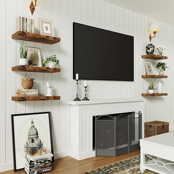 Vivelove Floating Shelves for Wall, 16 inchs x 6.7” deep x 1.4” Bathroom Shelf Bedroom, Living Room, Kitchen, Farmhouse Decor, Rustic Wood Wall Shelves with Invisible Brackets - Set of 2, Rustic Brown