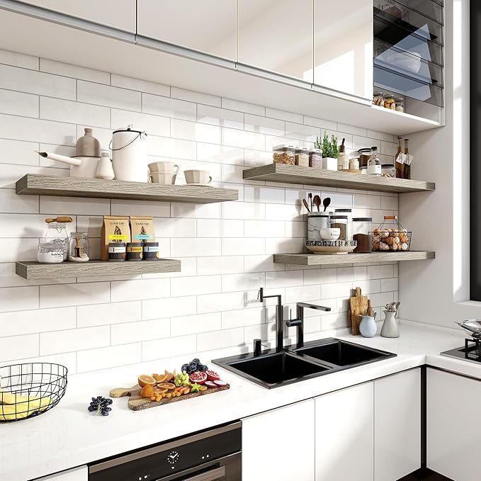 24 Inch Floating Shelves, 12 Inch Deep Floating Shelves for Wall, Floating Shelf with Invisible Brackets, Deep Shelves for Bathroom, Bedroom, Living Room, 2 Pack, Vintage Gray Oak