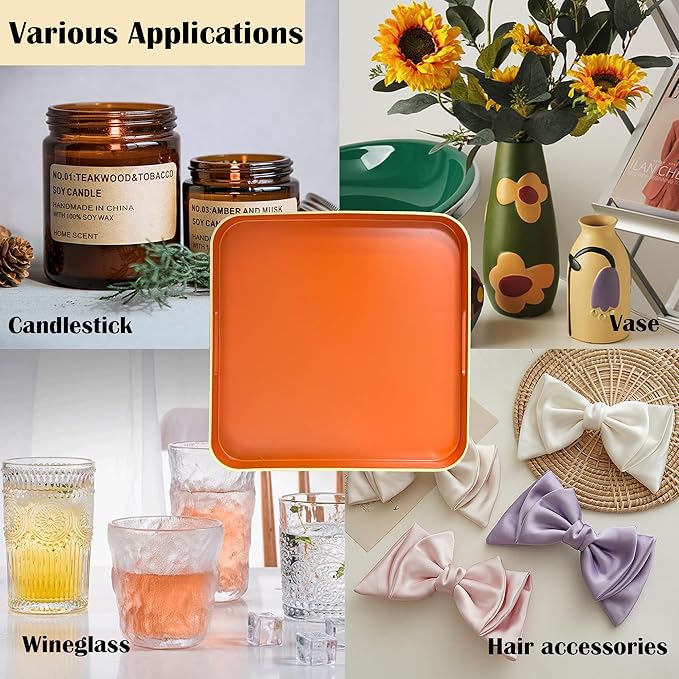 Serving Tray with Gold Trimming, Square Decorative Serving Trays with Handles, Coffee Table Tray Plastic Tray for Ottoman Living Room, Bathroom,Home Decor 13" L x 13" W x 1.57" H(Orange)