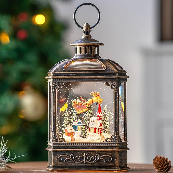 Christmas Snow Globe Lighted Church & Flying Santa Scene, Musical Snow Water Lantern Swirling Glittering Home Decoration and Gift, Battery Operated or USB Powered