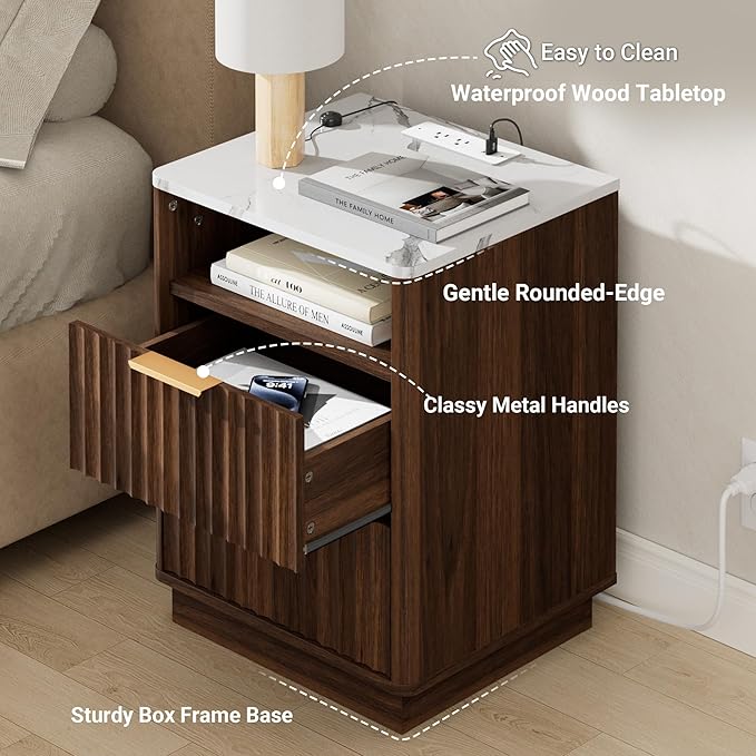 Fluted Nightstand Set of 2 with Charging Station, 18" Modern Night Stand with Faux Marble Top, 2 Drawers End Table with Storage, Bedside Table for Bedroom Living Room,Curved Profile(Walnut)