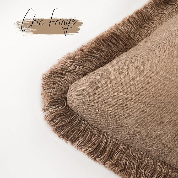 Foindtower Set of 2 Decorative Linen Fringe Throw Pillow Covers Cozy Farmhouse Boho Cushion Cover with Tassels Soft Accent Pillowcase for Couch Sofa Bed Living Room Home Decor 20×20 Inch Khaki Brown