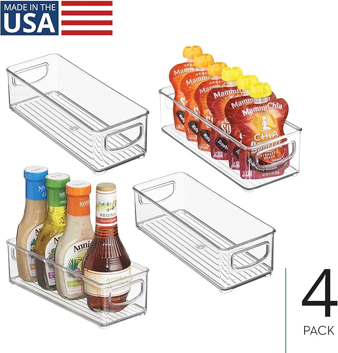 InterDesign iDesign Plastic Stackable Pantry Bin - Storage Bin with Handles for Cabinets or Fridge - Set of 4 - Clear