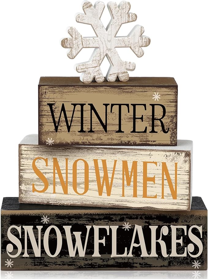 4 Pcs Christmas Table Decorations Wooden Snowflake Decor Winter Tiered Tray Decor Rustic Snow Block Signs Gift Farmhouse Christmas Centerpiece for Winter Wonderland Party Kitchen Shelf Home