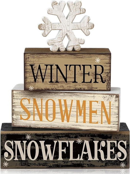 4 Pcs Christmas Table Decorations Wooden Snowflake Decor Winter Tiered Tray Decor Rustic Snow Block Signs Gift Farmhouse Christmas Centerpiece for Winter Wonderland Party Kitchen Shelf Home