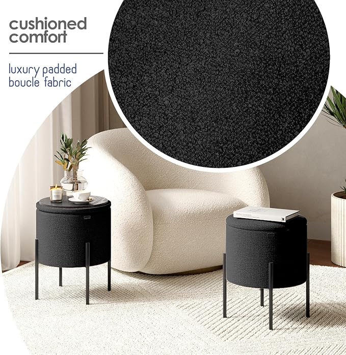 STORAGEBUD Round Ottoman with Storage, Boucle Storage Foot Stool, Makeup Vanity Stool, Small Ottoman Foot Rest, Modern Ottomans for Living Room and Bedroom, Black