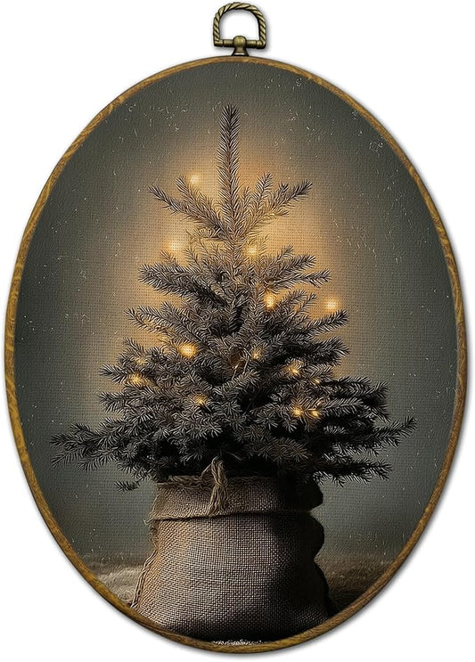 QZQE Vintage Moody Christmas Tree Oval Wall Art Decor Framed, Antique Christmas Oval Canvas Prints, Holiday Winter Xmas Tree Wall Hanging Decor for Home Bedroom Living Room, 8.6x11.4 Inch