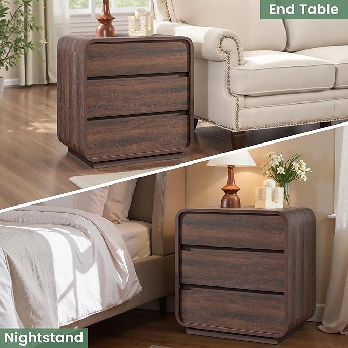 Modern Walnut Nightstand, 25" Tall Wooden Bedside Table with Charging Station, 3 Drawers Dresser Side Table Curved Profile, Handleless, Large End Table Night Stand for Bedroom, Office