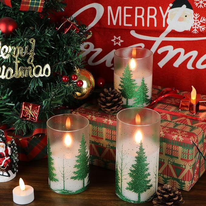 DRomance Christmas Tree Glass Flameless Candles with Remote Timer Battery Operated Real Wax 3D Wick LED Flickering Pillar Candles Christmas Holiday Decor(Green, 3 x 4,5,6 Inch)