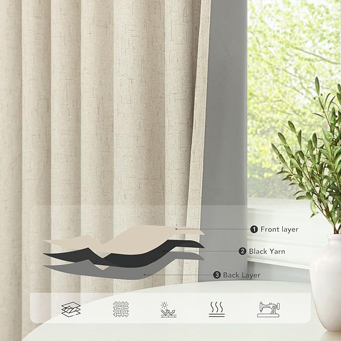 100% Blackout Neutral Curtains for Living Room 96 Inches Long 8 ft Faux Linen Rustic Country Drop Cloth Drape Dark Out Curtain for Bedroom Thermal Insulated 52x96 Floor to Ceiling Length 2 Panel Beige