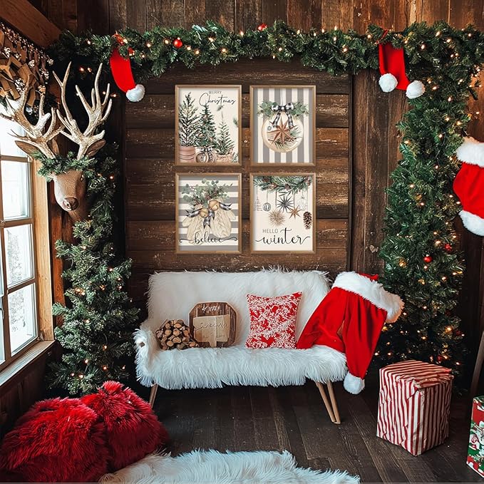 ETVISO Christmas Decor, Merry Christmas Wall Art Prints Set of 4, Retro Xmas Poster, Winter Holidays Gift Print Decor for Gallery Living Room Bathroom, 8x10 (Unframed)
