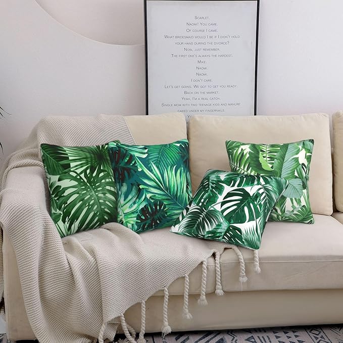 Tropical Green Leaves Throw Pillow Covers 18x18 Set of 4 Palm Leaf Decorative Throw Pillow Cushion Cases Cover for Sofa Couch Car Home Decor