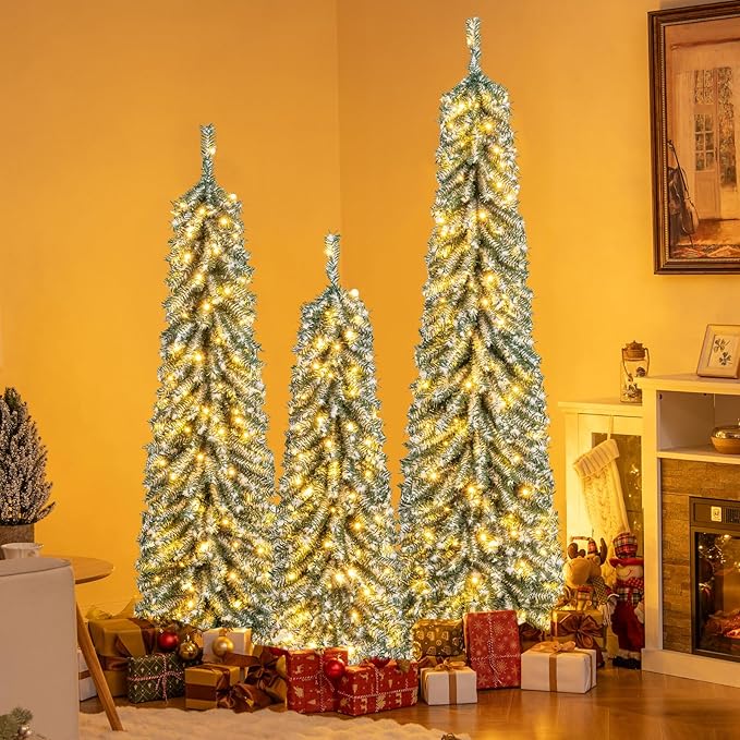 GOFLAME Set of 3 Pre-Lit Artificial Christmas Tree, Flocked Pencil Xmas Trees 4FT, 5FT and 6FT with Drooping Branches, Soft White Cotton, LED Lights, Holiday Decoration Tree for Home Office Party