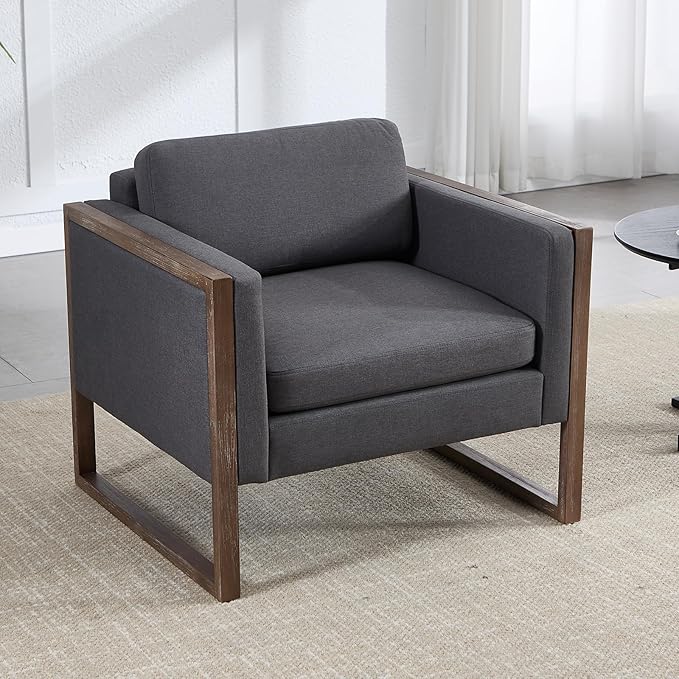 Kmax Modern Accent Chairs, Charcoal Fabric Upholstered Club Chair, Comfy Arm Reception Chairs for Living Room Hotel Conference, Walnut Wood