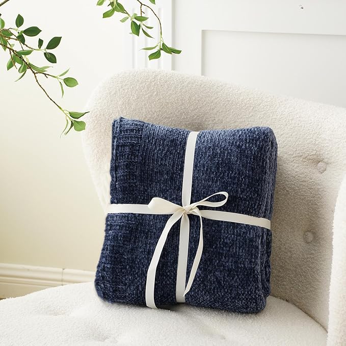 BATTILO HOME Navy Throw Blanket for Couch, Dark Blue Throw Blankets for Sofa, Chair, Living Room, Chenille Knit Throw Blankets for Bed Living Room Home Decor, 51"x67"