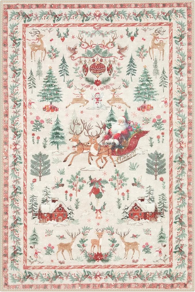 Lahome Indoor Christmas Rug 2x3 Small Kitchen Bathroom Rugs for Entryway,Washable Soft Non-Slip Christmas Tree Santa Claus Area Rug,Door Mat for Winter Living Room Bedroom Holiday Decor(2x3,Beige)