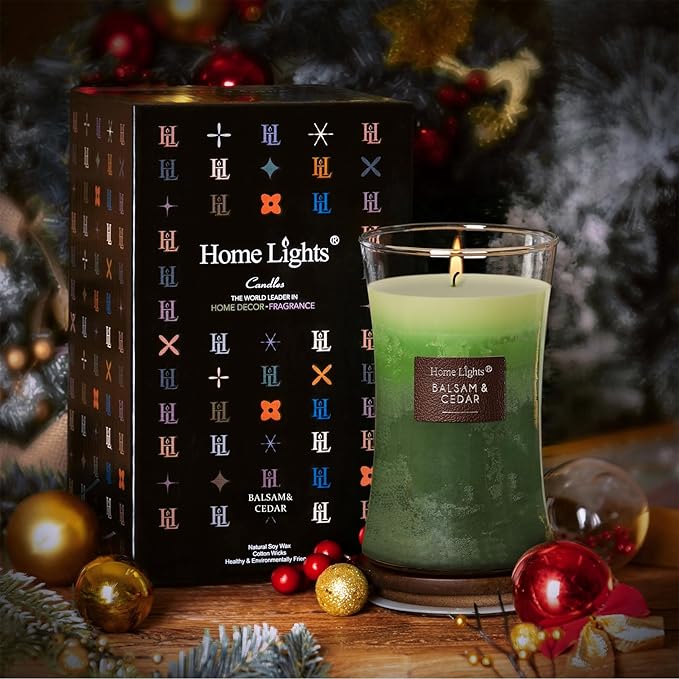 HomeLights 3-Layer Highly Scented Candles - Balsam & Cedar, Hourglass Large Jar Candles for Home - Burns Up to 100 Hours, Natural Soy Wax, Wooden Lid, 21.52 OZ