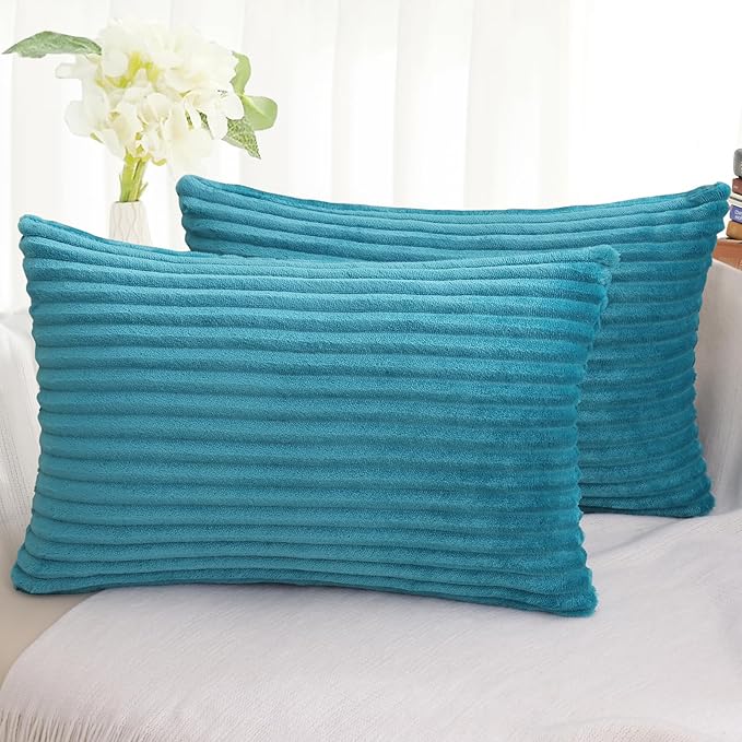 Simmore Decorative Throw Pillow Covers 12x20 Set of 2, Soft Natural Plush Flannel Double-Sided Fluffy Lumbar Pillow Covers for Couch Sofa Living Room, Teal
