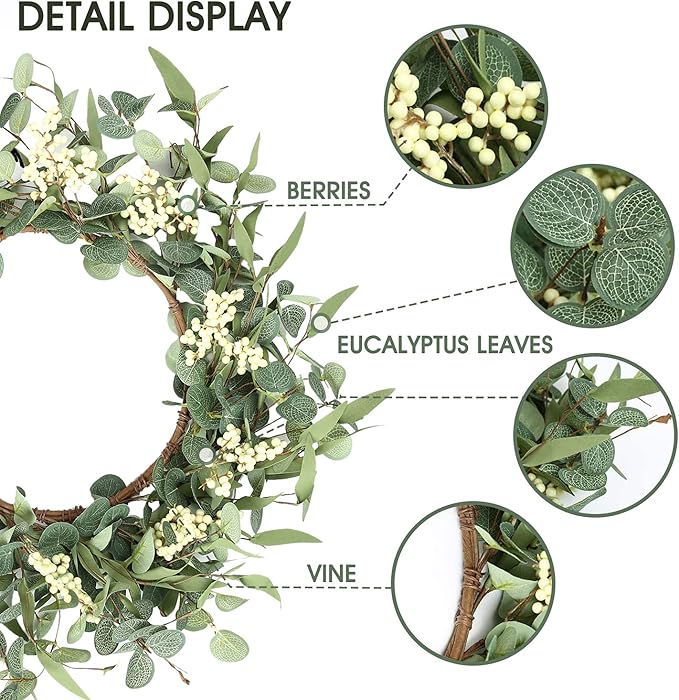 Pinkpum 16'' Eucalyptus Wreath for Front Door, Porch, Window - Green Decor for Home, Farmhouse - Spring, Summer, Fall, All Seasons