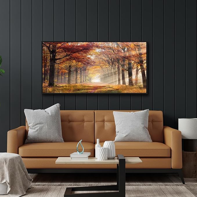 Sunset Forest Framed Wall Art - Yellow Landscape Canvas Picture Woodland Painting Nature Tree Scenery Artwork Prints for Bedroom Living Room