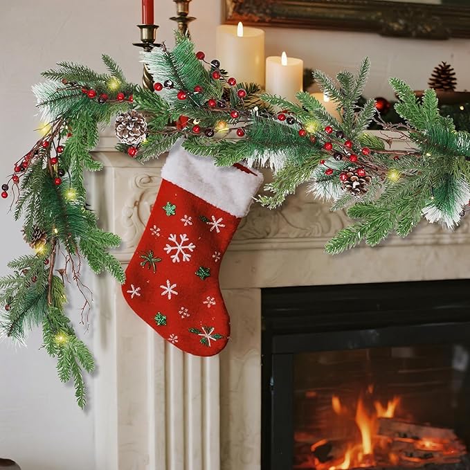 winemana 6 FT Pre-lit Artificial Christmas Garland with 20 LED Lights, Battery Powered with Pine Cones, Red Berries, Pine Needles, Lighted Christmas Garlands for Fireplace Mantle Holiday Decorations