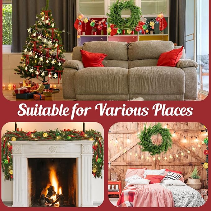 Christmas Garland with Lights for Mantle, 6 Ft Norfolk Pine Garland with 9 Christmas Bows and 2 LED Strings, Prelit Garland for Decoration Christmas, Table, Stairs, Indoor, Outdoor Decor