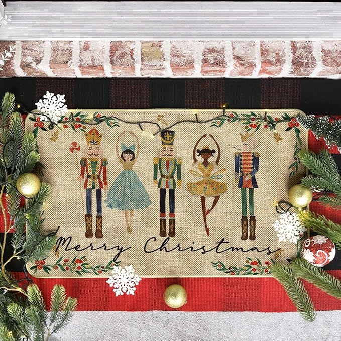 Artoid Mode Watercolor Nutcrackers Merry Christmas Doormat, Seasonal Winter Low-Profile Rug Switch Mat for Indoor Outdoor 17x29 Inch