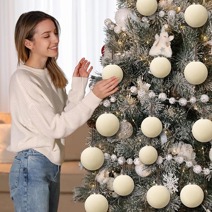 36 Pcs Velvet Christmas Balls Bulk - Flocked Christmas Tree Ball Ornaments Hanging Decoration for Xmas Tree, Wreath, Home or Party Decorations, 2.36", 2.76", 3.15"(Cream White)