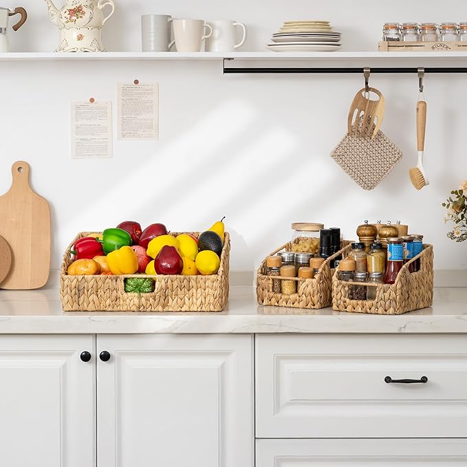 StorageWorks Water Hyacinth Pantry Storage Baskets, Wicker Baskets with Built-in Handles, Handwoven Shelf Baskets for Organizing, Pantry Organizers and Storage, 3 Pack